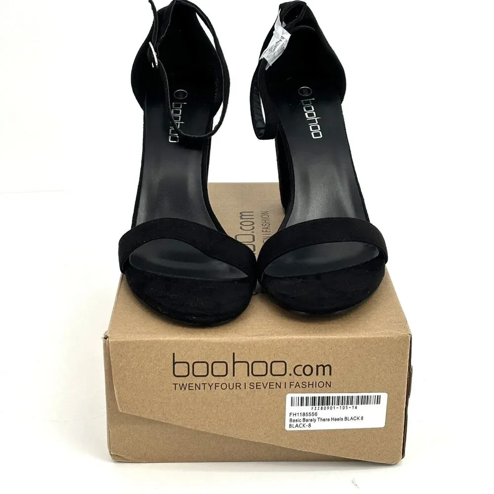 Boohoo Basic Barely There Heels Ankle Strap Black Size US 8 New In Box